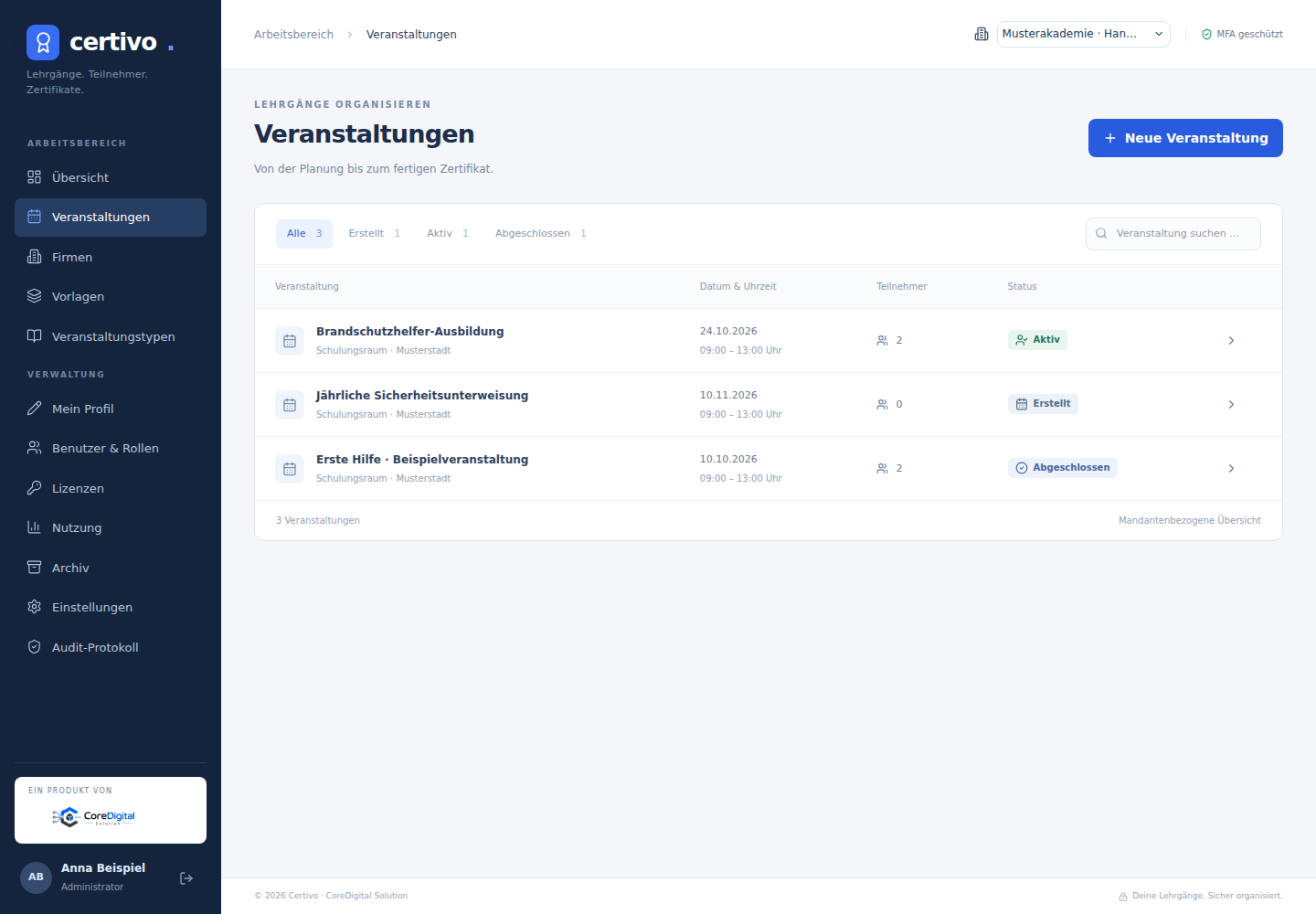 Veranstaltungsübersicht mit den Status Erstellt, Aktiv und Abgeschlossen