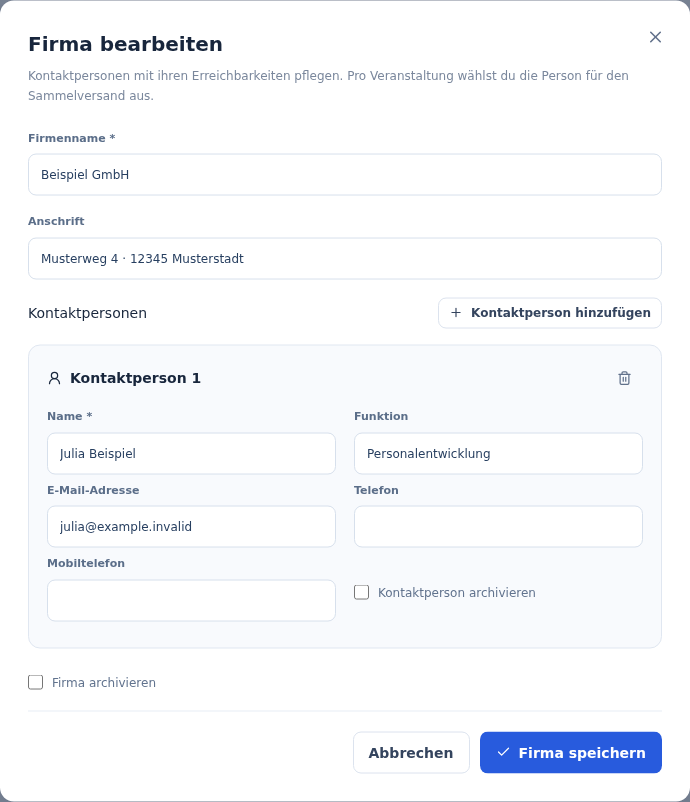 Bearbeitungsdialog einer fiktiven Firma mit einer Kontaktperson