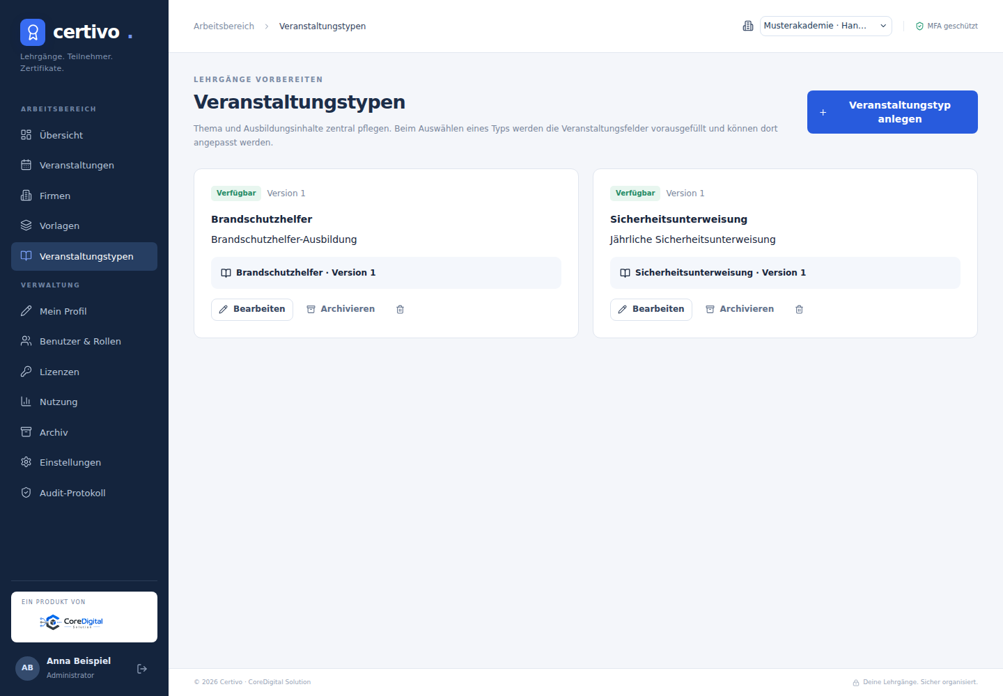 Veranstaltungstypen mit Thema, Version und Bearbeitungsaktionen