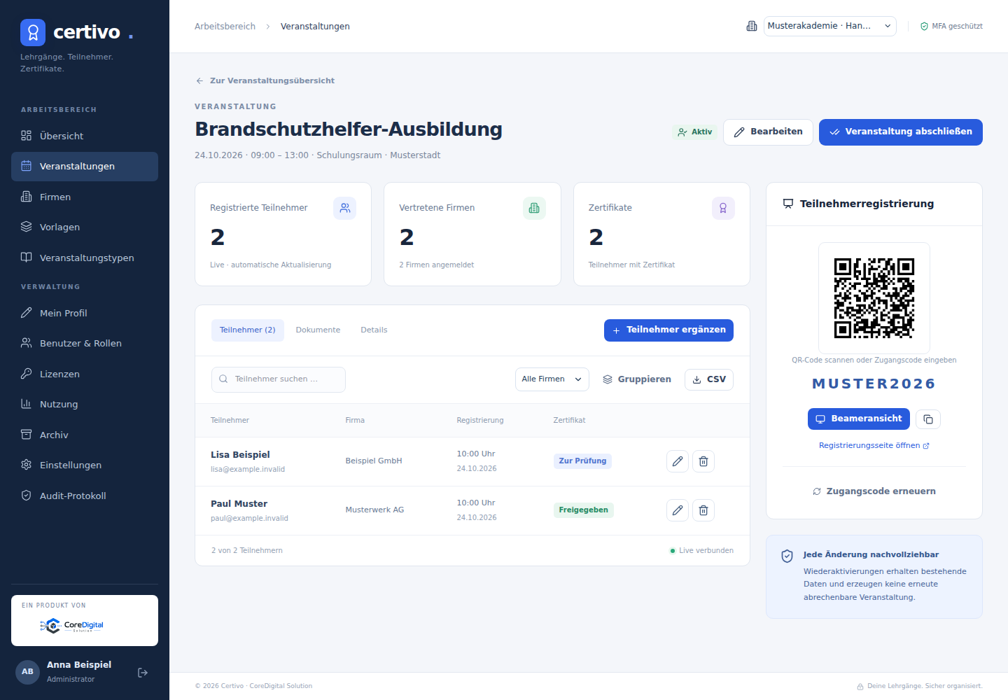 Teilnehmeransicht mit Suche, Firmenfilter und fiktiven Anmeldungen