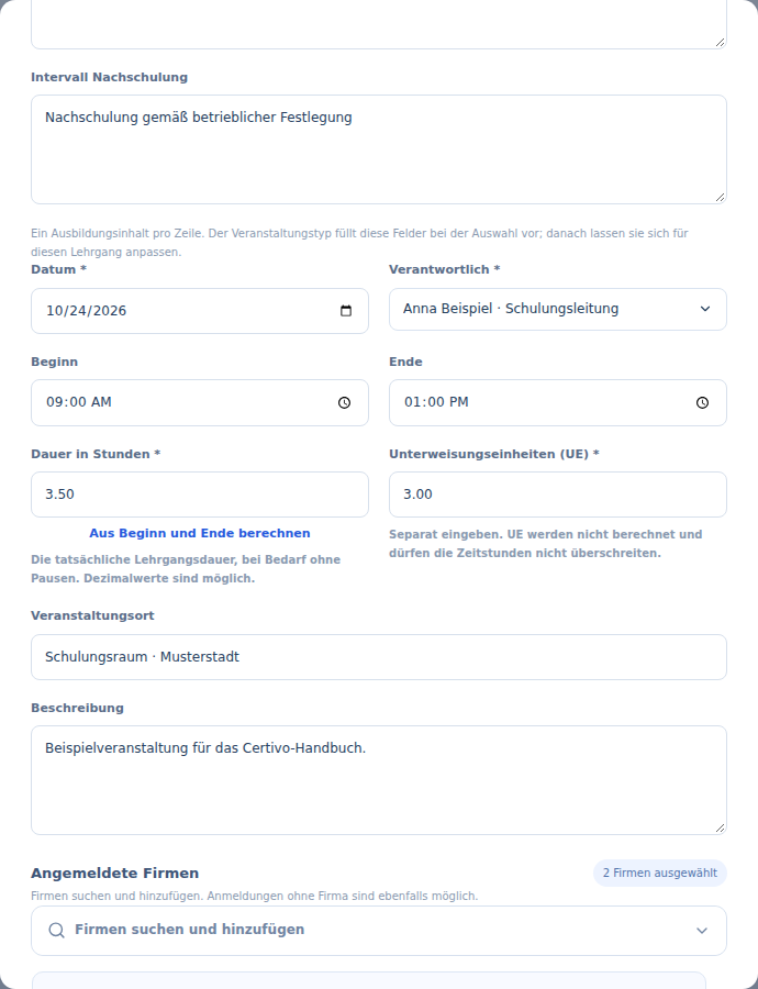 Ausschnitt des Veranstaltungsformulars mit Termin, Zeitstunden und UE