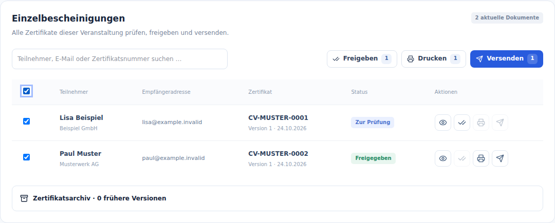 Einzelbescheinigungen mit gemischtem Prüf- und Freigabestatus und Mehrfachauswahl