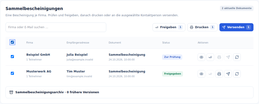 Sammelbescheinigungen mit Firmen, konkreten Empfängern und Freigabestatus