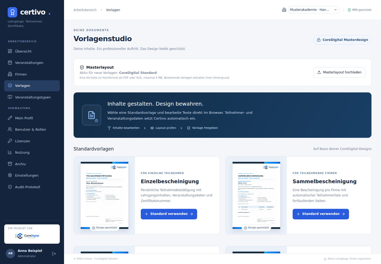 Vorlagenstudio mit Masterlayout und Standardvorlagen