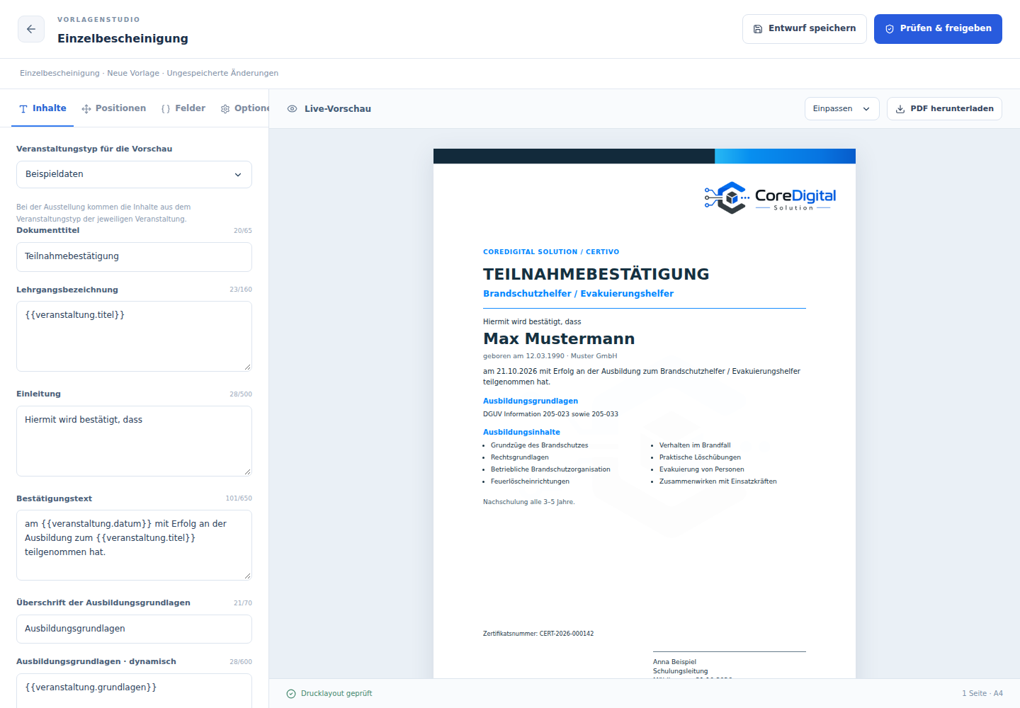 Vorlageneditor mit Inhaltsfeldern und Live-Vorschau