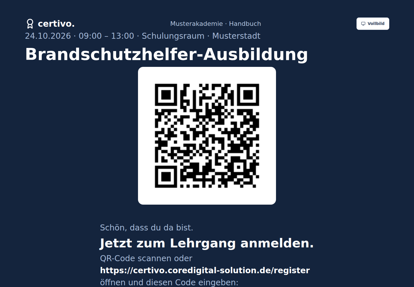 Beameransicht mit fiktivem Veranstaltungscode und Beispiel-QR