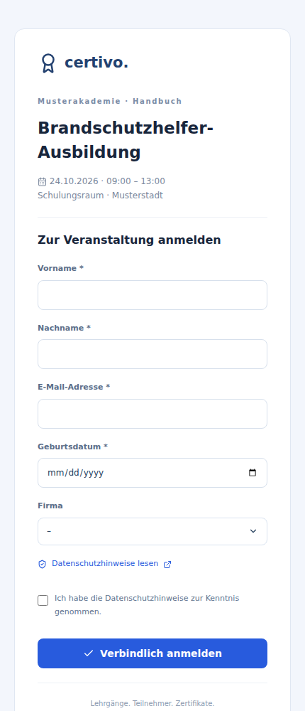 Mobile Teilnehmerregistrierung mit Pflichtfeldern und Datenschutzhinweis